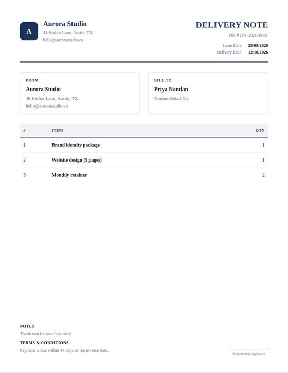 A sample delivery note created with WeQuotation