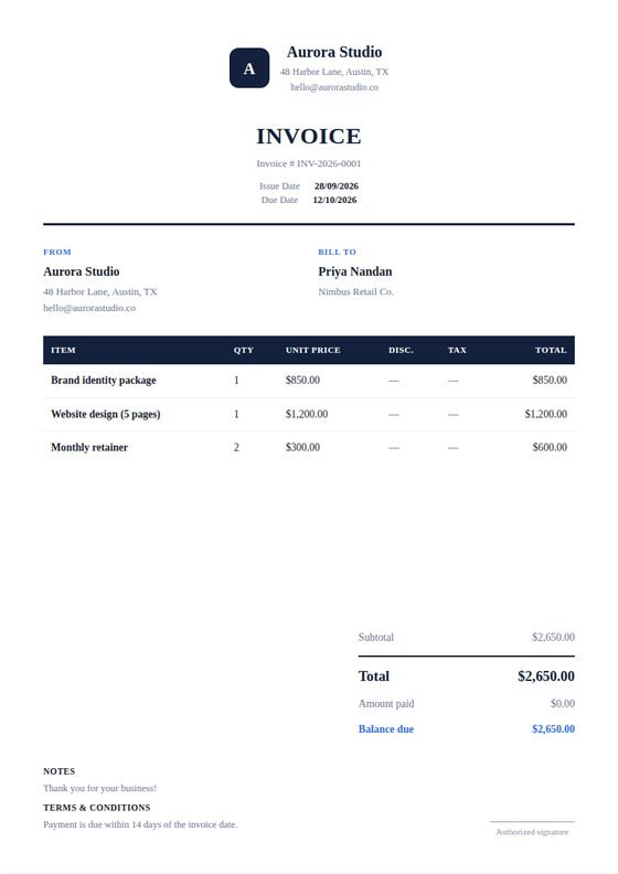 A sample invoice template from WeQuotation