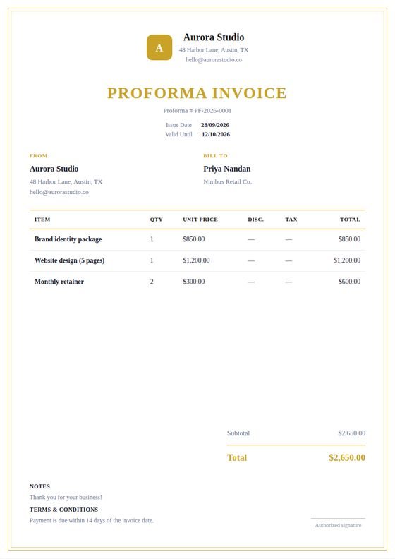 A sample proforma invoice created with WeQuotation