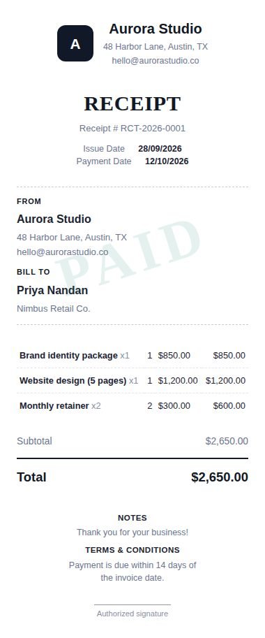 A sample payment receipt created with WeQuotation